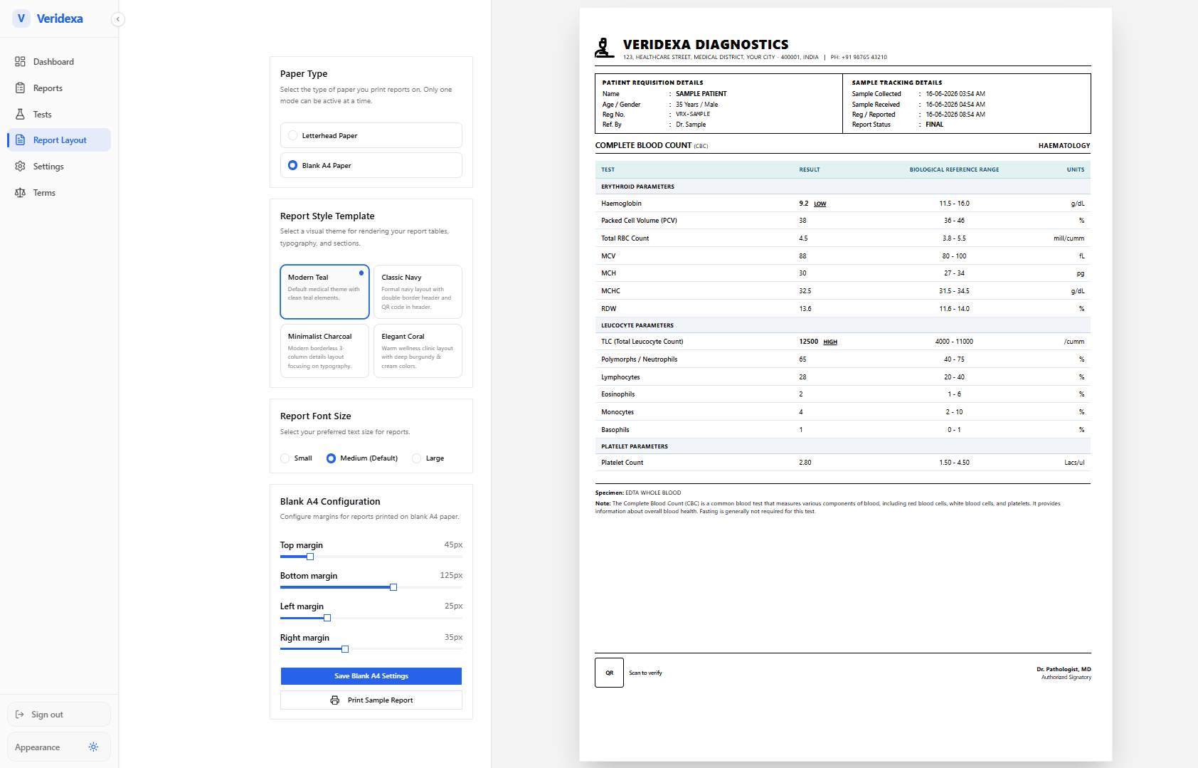 Veridexa clean A4 report with verification QR badge