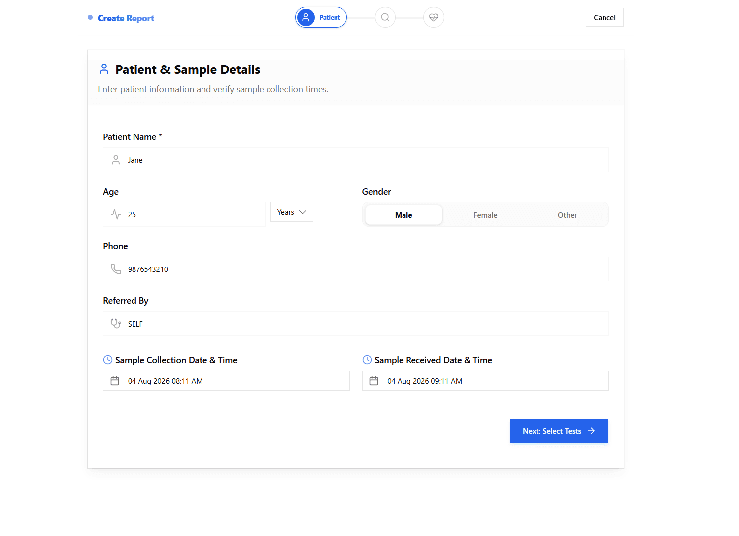Veridexa step 1: Simple patient information form