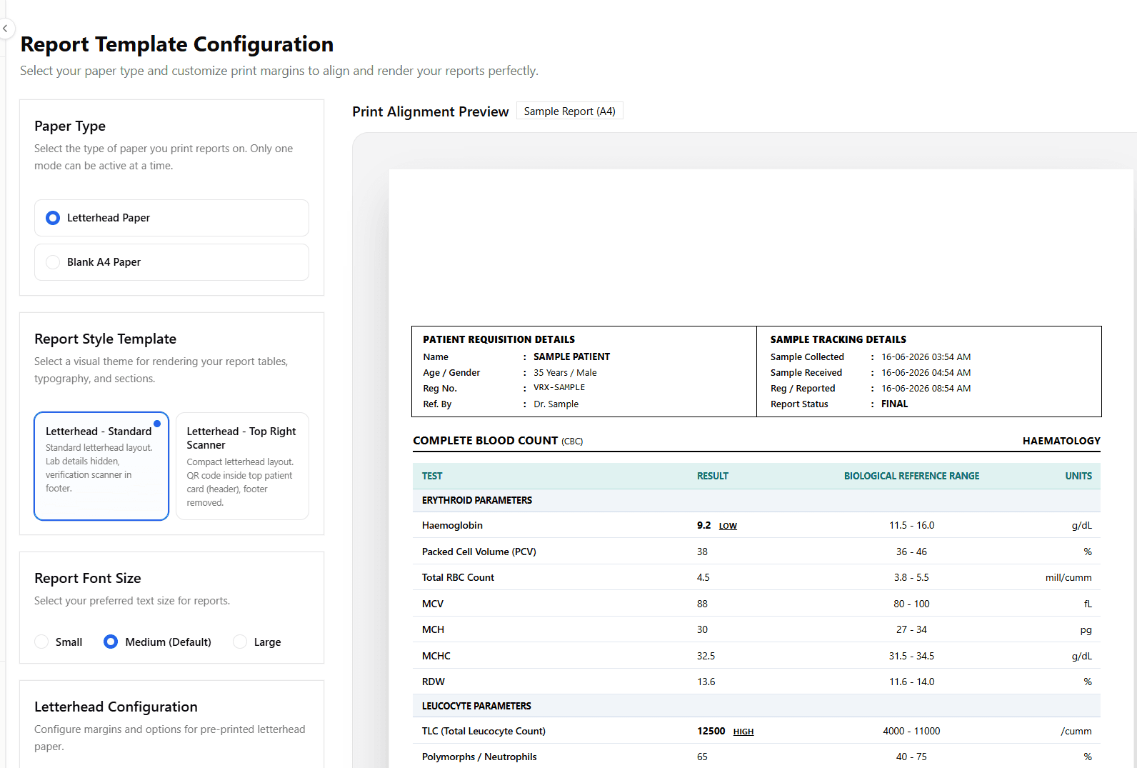 Veridexa custom letterhead margins and setup screen