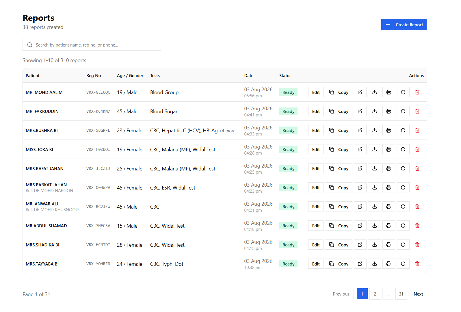Veridexa reports list and lab management screen